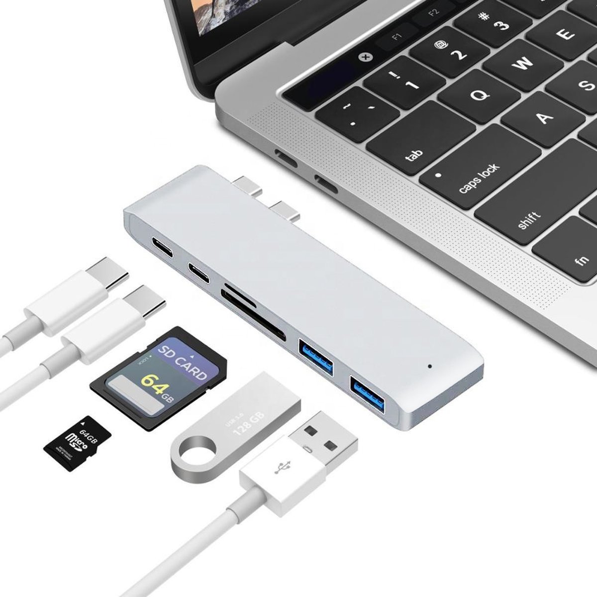 6 in 2 multifuctionele USB Type C Hub naar 2x USB 3.0 Poort + 2x USB C Poort + Micro SD / SD Kaartlezer – Macbook Pro – Thunderbolt | Macbook Pro USB C Hub - Zilver